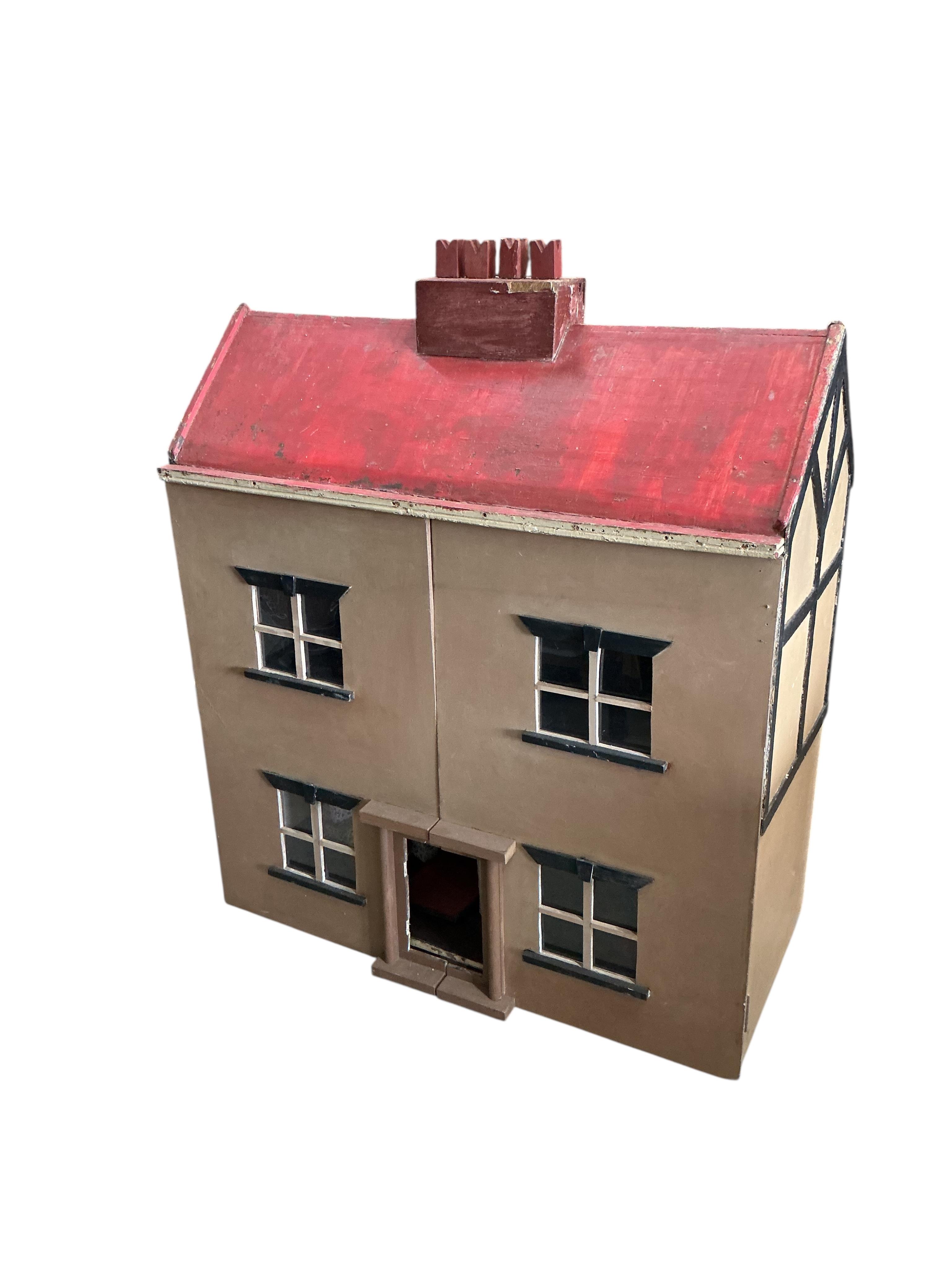 A mid century painted wood doll's house, width 96cm, depth 45cm, height 120cm